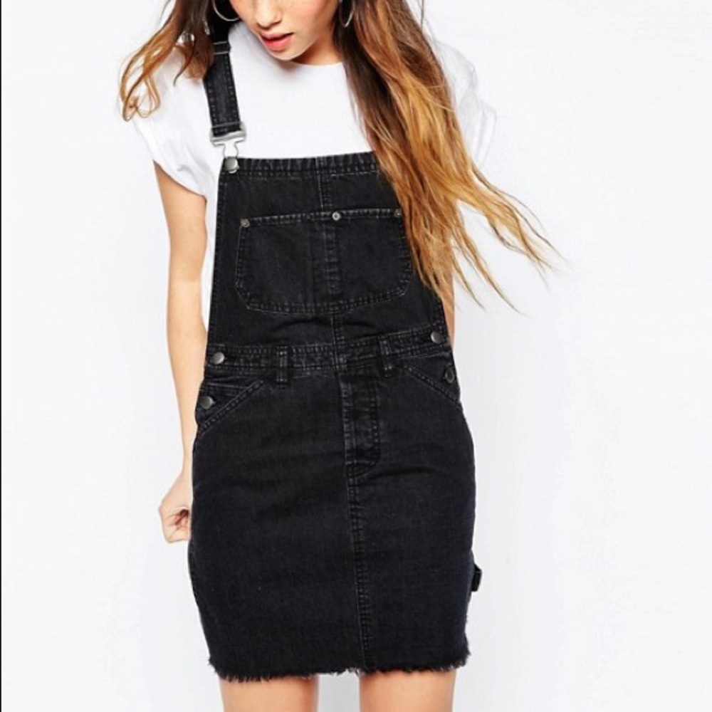 Washed Black dark grey denim overall dress